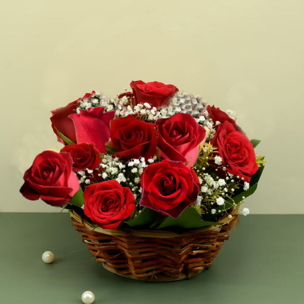 12 Lovely Red Roses Basket