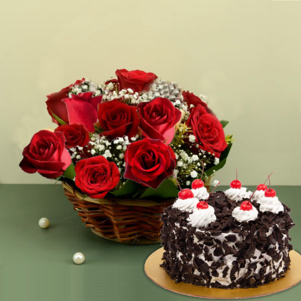 12 Red Roses with Black Forest Cake