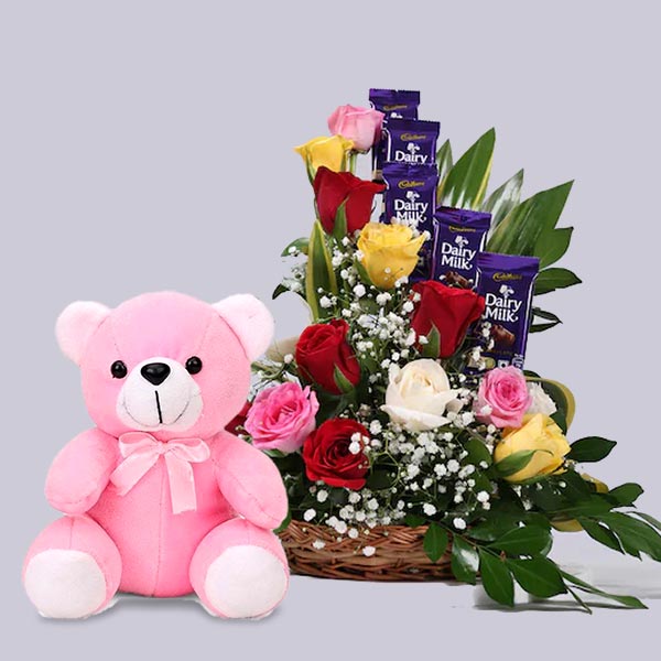 Midnight Rose Basket with Teddy Bear