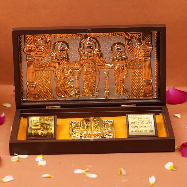 Gold Plated Ram Darbar Charan Paduka Puja Prayer Box