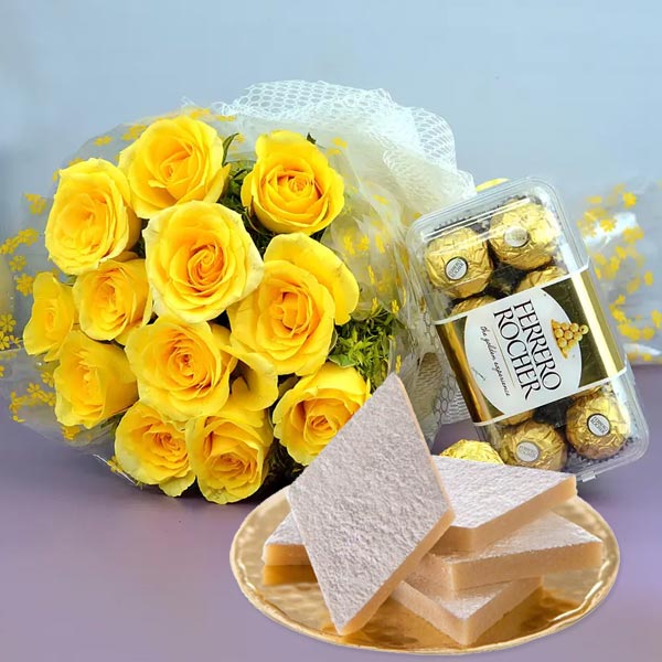 Roses with Kaju Katli Sweets and Chocolate