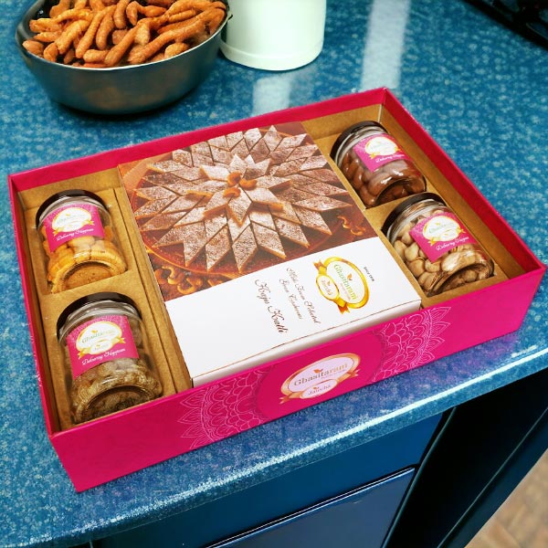 Gift Pack of Kaju Katlis, Cashew, Paan Raisins, Choco Almonds and Pistachios