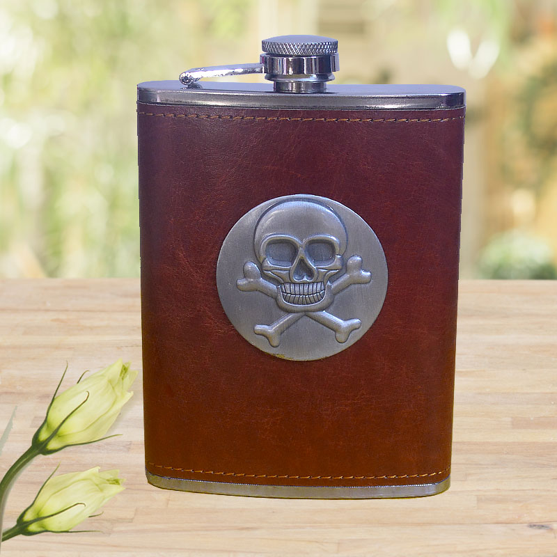 Stainless Steel and Stitched Leather Hip Flask for Men